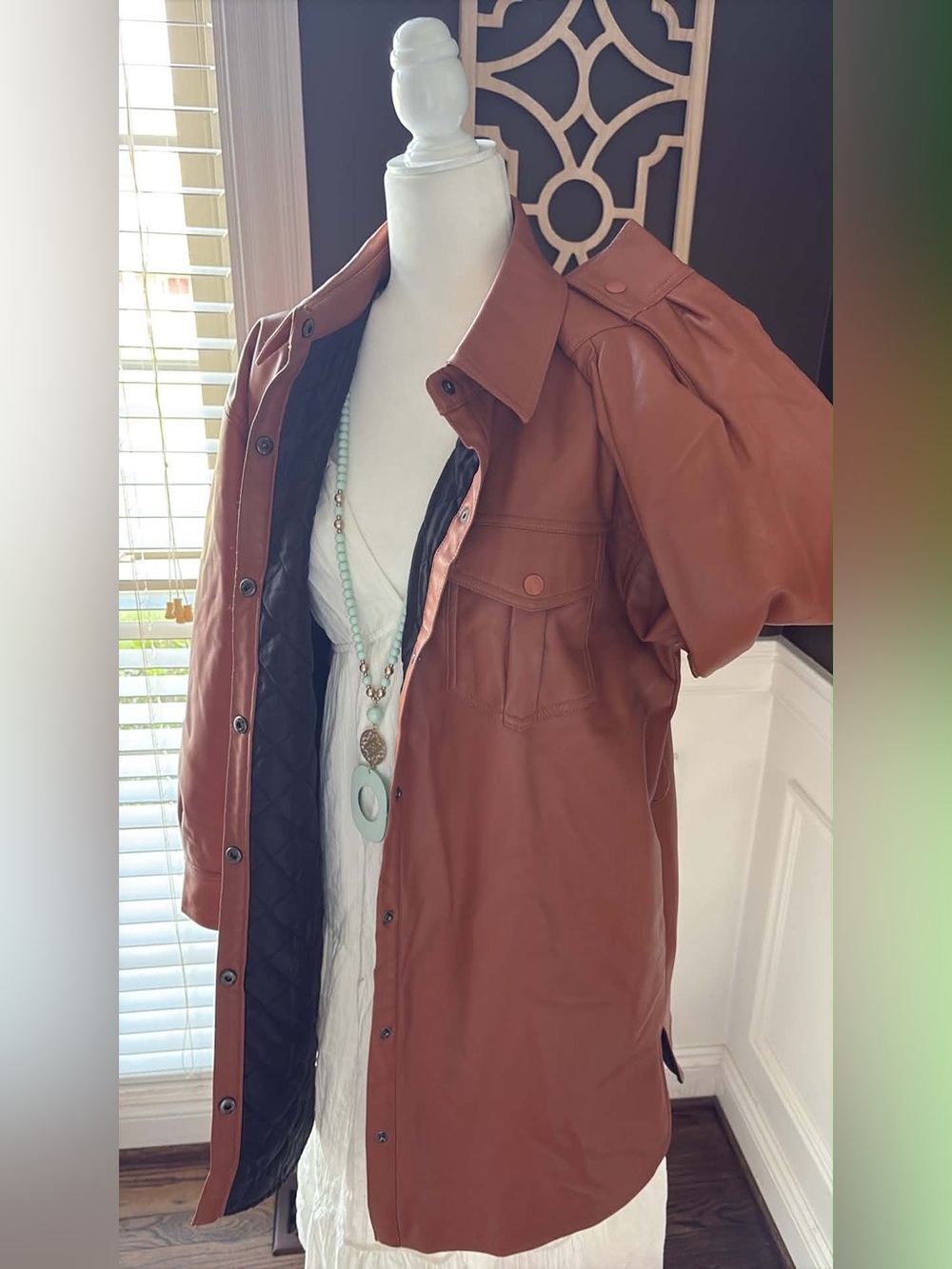 Anthropologie NLVT FAUX Women's Rust Brown Long Leather Shirt Jacket